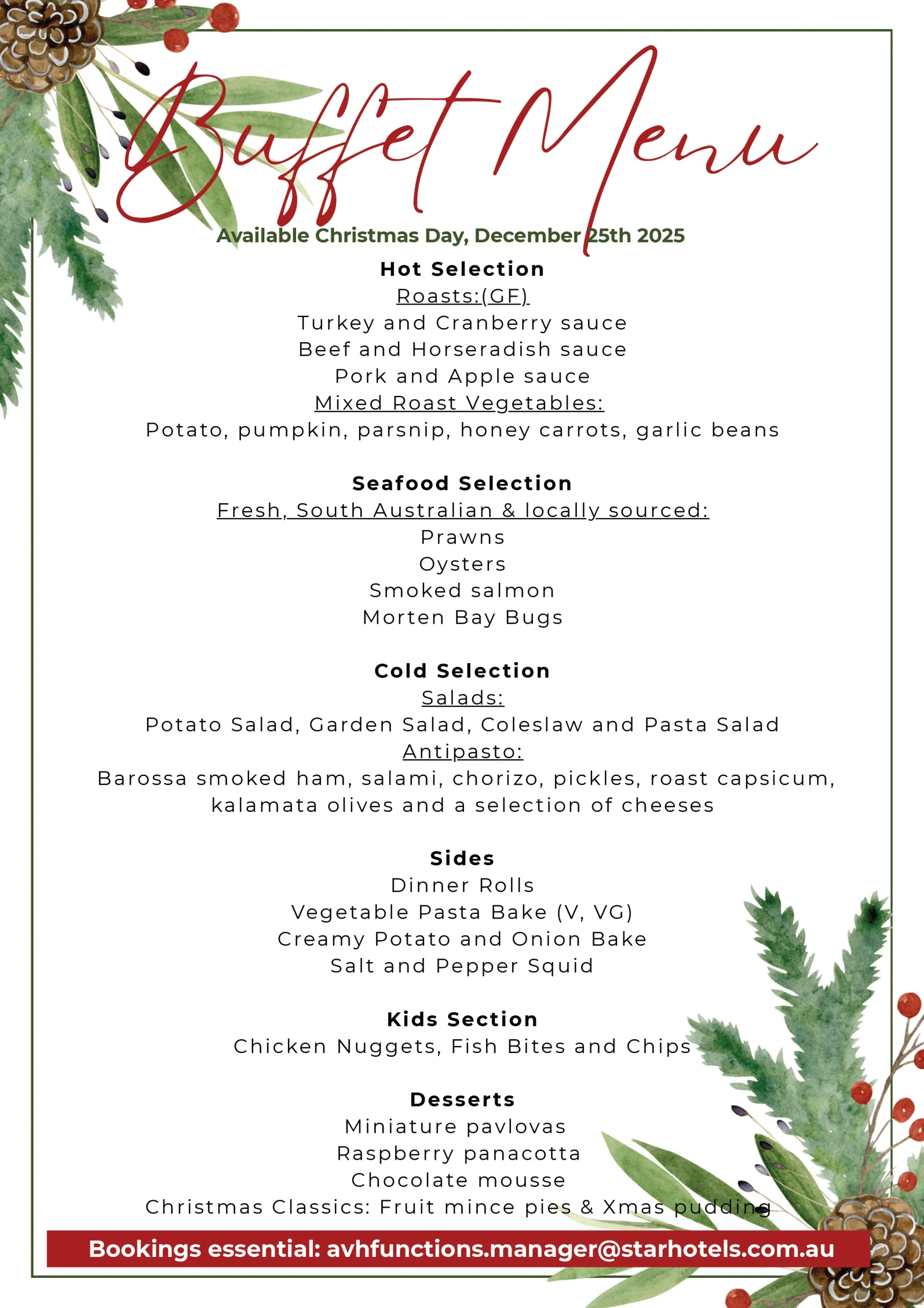 Christmas Day Buffet menu at Avoca Hotel, your Adelaide local
